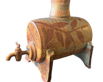 Vintage Studio Art Pottery Wine Cask 1960s Footed Brass Spout