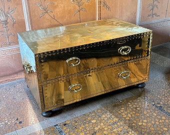 Vintage Sarreid Spain Brass Clad 2 Drawer Chest Copper Nails Bun Feet