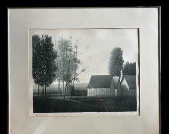 Robert Kipness Signed Limited Edition Lithograph Trees Houses Landscape Americana Black White