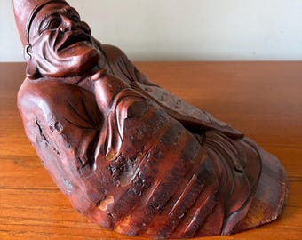 Antique Red Lacquer Carved Bamboo Root Chinese Laughing Buddha
