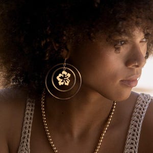 GOLDEN HIBISCUS EARRINGS • dangle earrings • silver gold hoops • beach tropical hoops • anniversary birthday gift • nickel free • EALC3AA