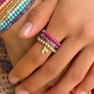 RAINBOW CHARM BEADED ring • dainty friendship ring for her • rainbow dangle charm • stackable stretch water resistant adjustable • RIBP3MCAE