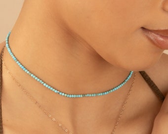 Tiny Turquoise Beaded Choker Necklace | Turquoise Choker | Bridesmaid Jewelry | Water resistant | 2mm bead | Gold Silver Rose Gold Clasp