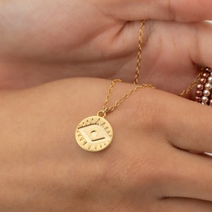 Gold Coin Necklace EVIL EYE Charm Pendant Layering Necklace Good Luck Medallion Wife Girlfriend Sister Aunt Friend Birthday Gift Mothers Day image 1