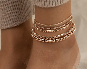 Rose Gold Beaded Anklet | Rose Gold Filled Bead Ankle Bracelet | Stretch | Water Resistant Nickel Free Tarnish Free | 2mm 3mm 4mm 5mm or 6mm
