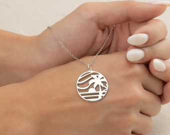 Beach Necklace Pendant Palm Tree Ocean Wave Beach Lover Mom Daughter Sister Aunt Wife Girlfriend Anniversary Beach Wedding Gift Mothers Day