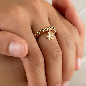 PLUMERIA CHARM BEADED ring • dainty friendship ring for her • hawaiian plumeria charm • stackable stretch water resistant • RIBP3MCAP