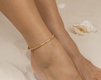 Gold Beaded BAR Anklet Gold Filled Stretch Ankle Bracelet Long Tube Bead Beach Water Resistant Beach Lover Birthday Anniversary Mothers Day