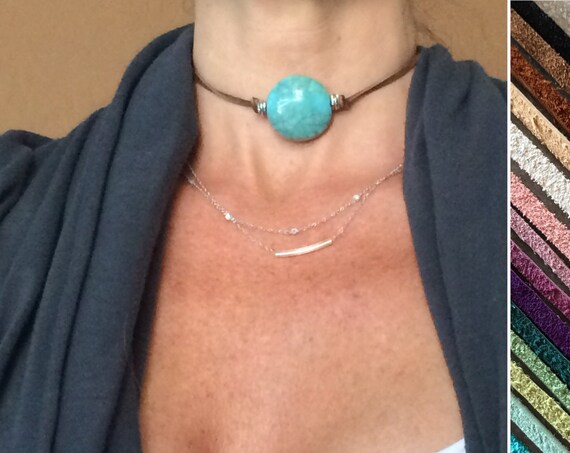 Turquoise Choker Leather Choker Boho Choker Gypsy Hippie Silver Adjustable Beach Beaded Turquoise Layering Necklace Gift for Her Under 20