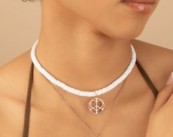 White Heishi Bead Necklace Peace Love Charm Puka Shell Surfer Necklace Beach Wedding Choker  Wife Girlfriend Anniversary Mothers Day