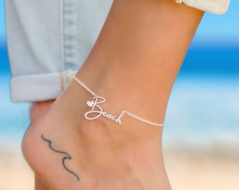 Beach Anklet PERSONALIZED NAME Jewelry Ankle Bracelet Sterling Silver Gold Rose Gold Bridesmaid Gift Bride Wife Girlfriend Mothers Day TULUM