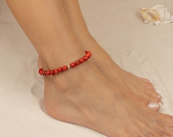 Red Coral Anklet Beaded Anklet Beach Ankle Bracelet Bohemian Jewelry Lucky Red Gemstone Stretch Bracelet Love Woman Man Unisex Friendship