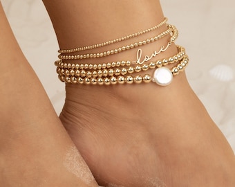 Personalized Gold Beaded Stretch Anklet Love Gold Filled Pearl Anklet Stack PERSONALIZED NAME  Wife Partner Girlfriend Mothers Days TAHITI