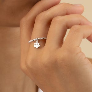 PAW PRINT CHARM beaded ring • dog mom cat lover • pet memorial gift • stackable stretch water resistant