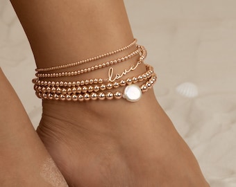 Rose Gold Love Beaded Anklet PERSONALIZED NAME Pearl Stretch Anklet  Mom Daughter Wife Bride Girlfriend Partner Mothers Days Day TAHITI