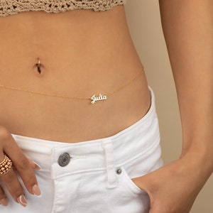 Name Belly Chain Gold Silver Rose Gold PERSONALIZED NAME Cable Waist Chain Bikini Jewelry Bridal Bridesmaid Beach Wedding Water resistant image 2