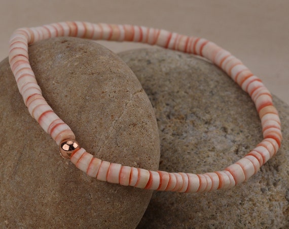 Heishi Shell Bracelet Anklet | Pink Coral Flat Bead Heishi Shell Beach Bracelet | Natural Seashell Anklet Puka Shell African Disc Bead Gift