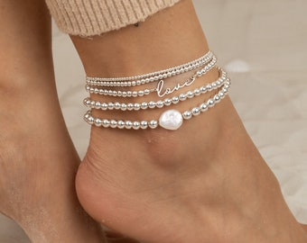 Silver Beaded Stretch Anklet Love Sterling Silver Pearl Anklet Stack PERSONALIZED NAME  Mom Wife Girlfriend Anniversary Mothers Day TAHITI