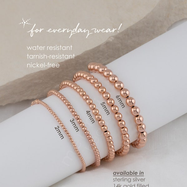 Rose Gold Beaded Bracelet Rose Gold Filled Round Ball Bead Bracelets | Water Resistant Tarnish Resistant Nickel Free | 2mm 3mm 4mm 5mm 6mm