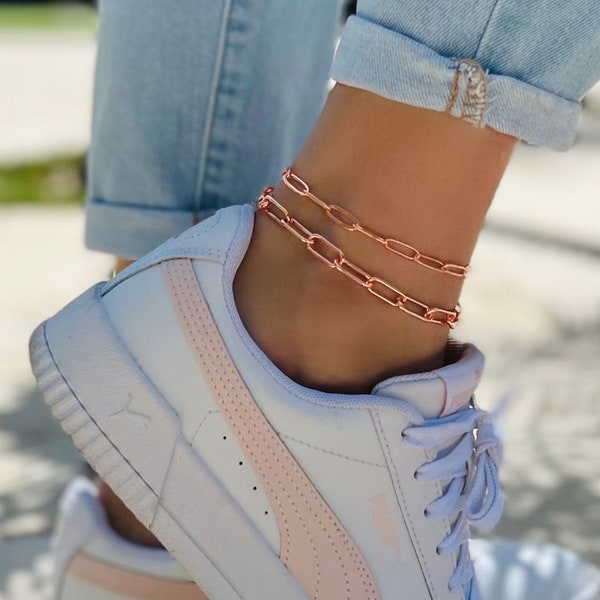 Paperclip Chain Anklet Bracelet Necklace Chunky Chain Bracelet Gold Silver Rose Gold Large Rectangle Link Chain Ankle Bracelet Choker