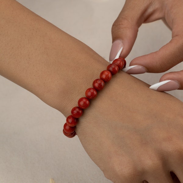 Rote Koralle Armband Perlenarmband Perlen Anklet Boho Schmuck Glück Roter Edelstein Stretch Armband für Frau Mann Unisex Freundschaft