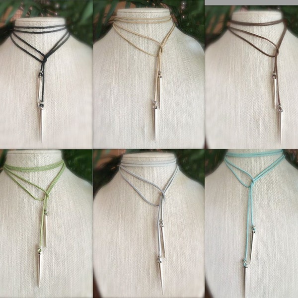 Leather Choker Necklace Vegan Suede Lariat Boho Festival Jewelry Spike  for Her Long wrap Necklace Personalized Custom Summer Jewelry