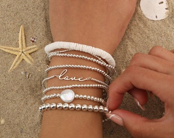 Sterling Silver Beaded Bracelet | Love Silver Bead Anklet | Stretch Personalized Name Bracelet | Waterproof 2mm 3mm 4mm 5mm or 6mm | TAHITI