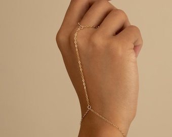 14K GOLD FILLED hand chain • simple delicate dainty ring bracelet • water and tarnish resistant