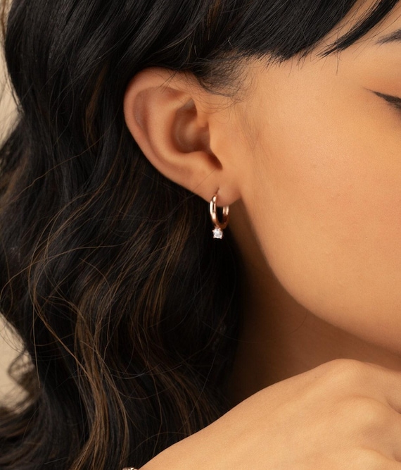 DIAMOND CZ HUGGIE earrings • gift for her • rose gold silver gold hoop earrings • clicker minimalist • nickel free water resistant • EAHU1AE