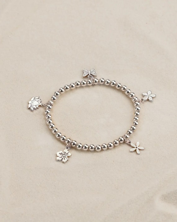 FLOWER CHARM bracelet • 5 charm beach bracelet • hibiscus plumeria lotus butterfly jasmine • Hawaiian jewelry • stretch water resistant