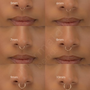 May include: A collage showcasing septum nose rings in various sizes, from 5mm to 10mm, displayed on a person's nose. The image includes the text "hoop diameter | septum" and the brand name "mermaid beads".