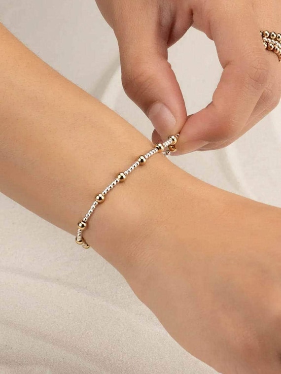 MIXED METAL bracelet • sterling silver and 14k gold filled • two-tone bracelets • stackable stretch • waterproof • 2 color ball beads