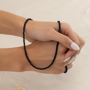 BLACK ONYX NECKLACE 3MM • gift for her • beaded black jewelry • anniversary birthday • dainty layering necklace • water resistant • NEBS2AD