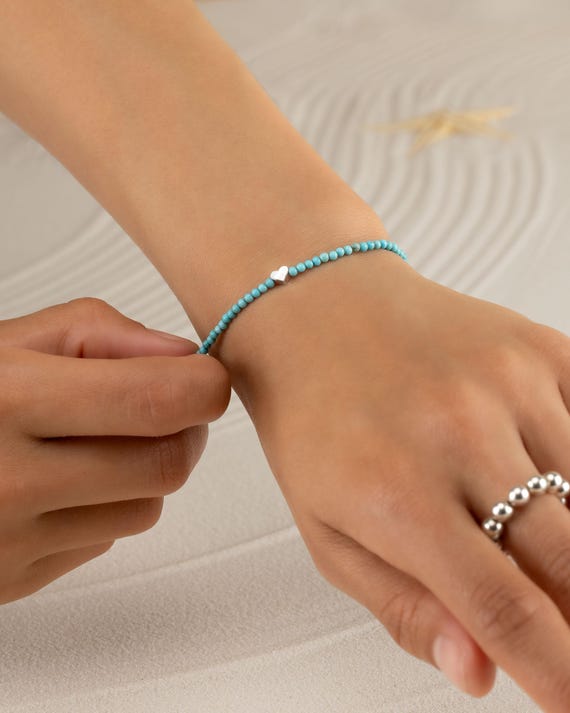 TINY TURQUOISE HEART beaded bracelet • tiny heart bracelet • Sterling silver • stackable stretch water resistant • gift for her • BRBS2BDAA
