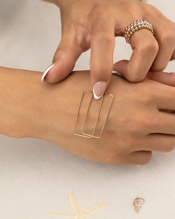 GOLD HOOPS RECTANGLE earrings • delicate geometric dangle earrings • silver gold hoops • anniversary birthday gift • nickel free • EAHL1AW