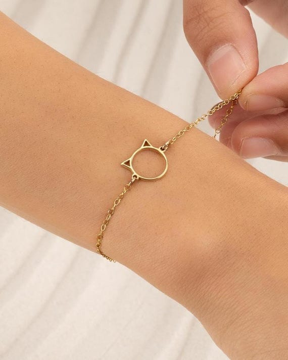 CAT HEAD BRACELET • delicate cat ears charm • kitty mom gift • cat lover gift • gold, rose or sterling silver • water resistant