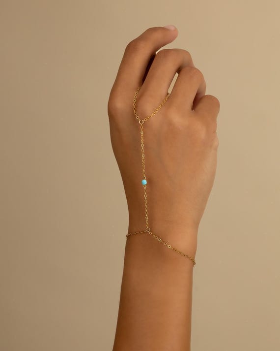 14K GOLD FILLED TURQUOISE hand chain • simple dainty ring bracelet • water and tarnish resistant