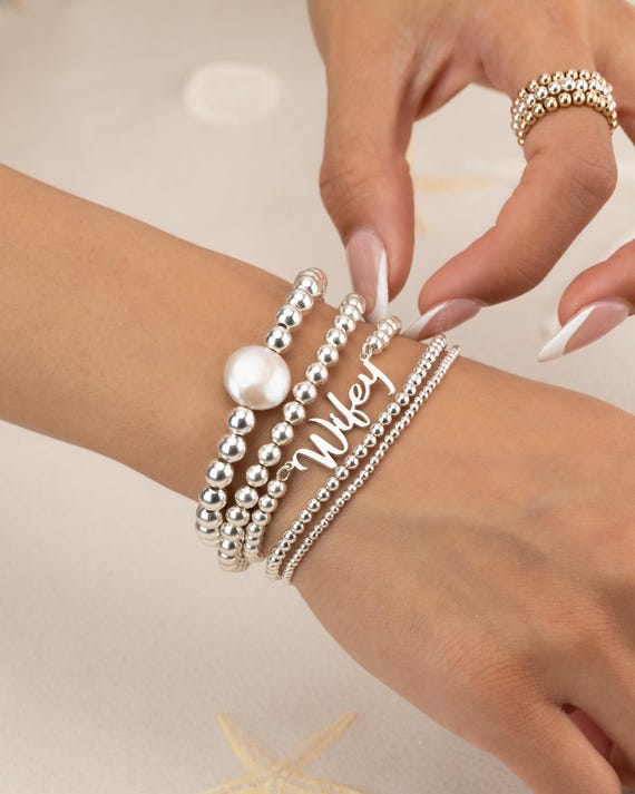 WIFEY NAME BEADED bracelet set pearl • perfect gift for her • dainty bracelet stack • stretch water resistant • bridal jewelry • BRBP3BMFIp