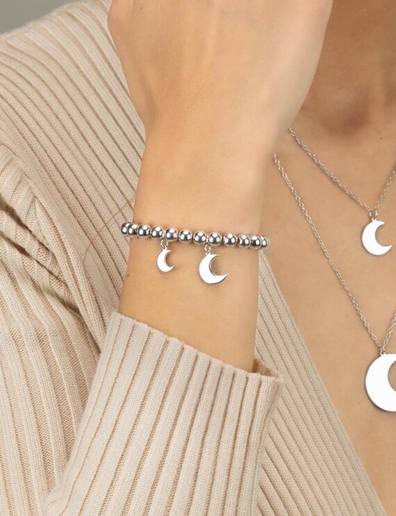 MOON CHARM beaded bracelet • gift for her • crescent moon jewelry • stackable bracelet • sterling silver stretch water resistant BRBP3CHAW