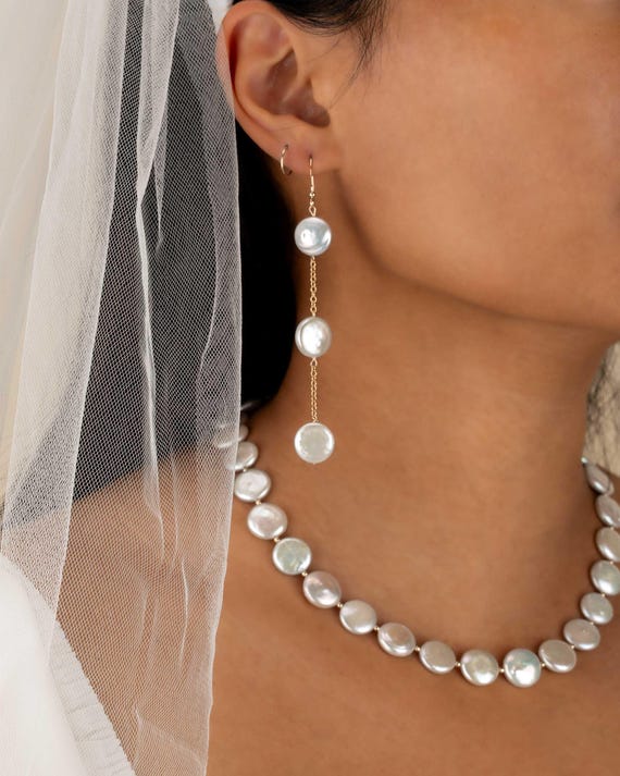 COIN PEARL Earring • wedding jewelry • bride earrings • June birthstone • Gemini Cancer • bridal gift • large genuine pearls • EADA2CPAB