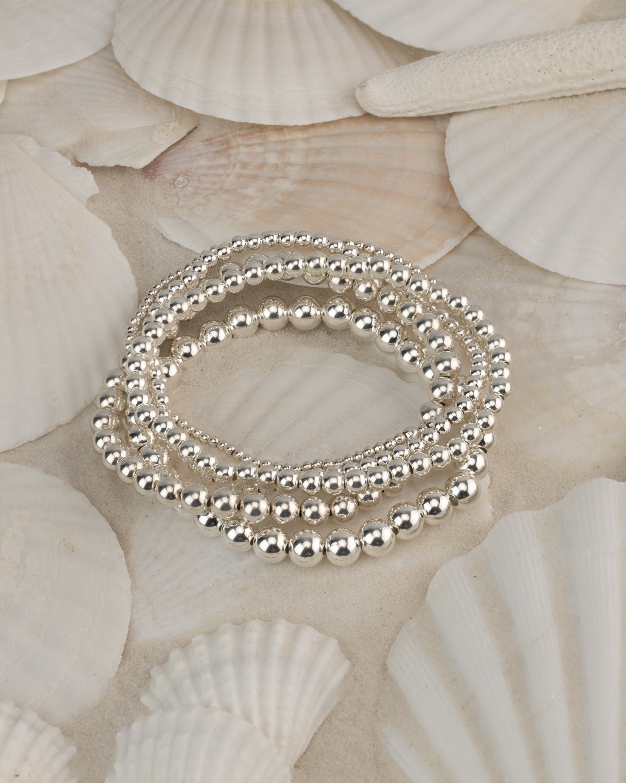 4mm & 6mm Sterling Silver Beaded Bracelet Average (7 Inches)