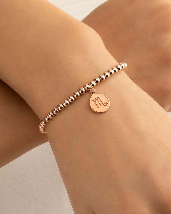 ZODIAC CHARM beaded bracelet • birthday gift for her • birth sign stretch bracelet or anklet • water resistant • gold, silver or rose gold