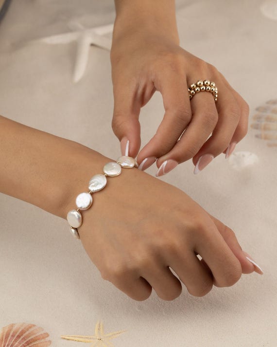 COIN PEARL BRACELET • June birthstone • Gemini Cancer • perfect gift for her • wedding jewelry • stackable stretch water resistant • BRBO2AA
