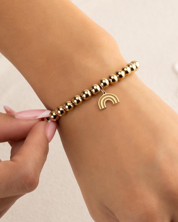 RAINBOW CHARM beaded bracelet • gift for her • charm jewelry • stackable bracelet • stretch • water resistant • silver, gold or rose gold