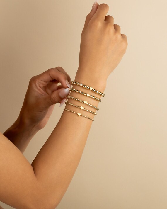 HEART BEADED BRACELET • waterproof • 14k gold filled or sterling silver • stackable stretch