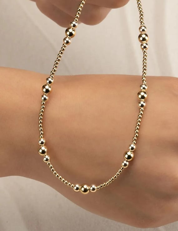 14k GOLD FILLED BEADED necklace • mixed size beads • water resistant • statement choker • 2mm 4mm 6mm round beads