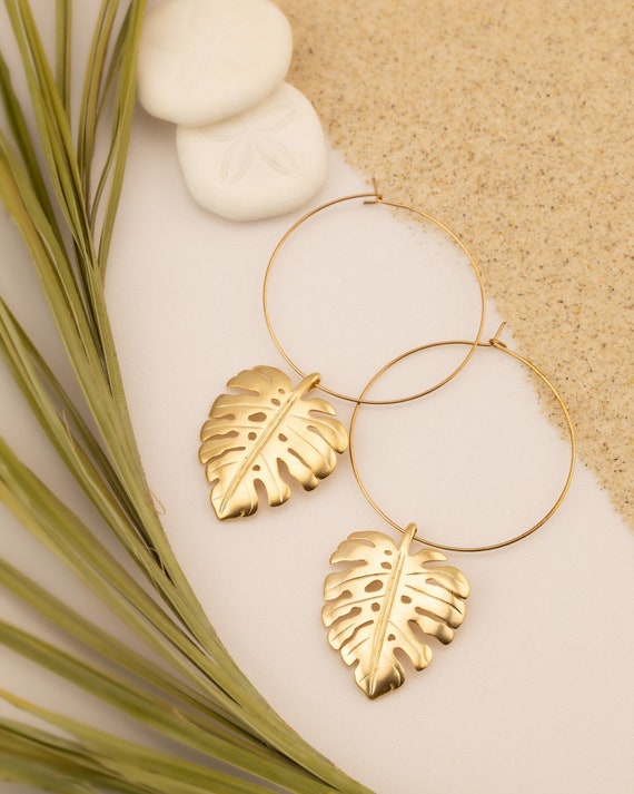 Monstera Hoop Earrings Gold Leaf Earrings Beach Tropical Palm Hoops Large Dangle Drop Earrings Unique  for Her Mom Sister Girlfriend