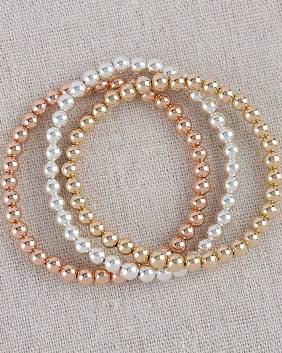 ROSE GOLD BEADED bracelet • dainty gold bracelet • sterling silver • stackable, stretch and water resistant • jewelry gift for her • BRBP2AI