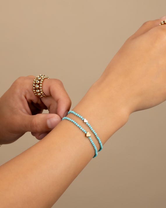 TINY TURQUOISE HEART beaded bracelet • tiny heart bracelet • Sterling silver • stackable stretch water resistant • gift for her • BRBS2BDAA