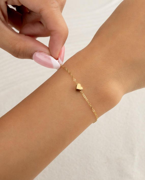 HEART BEAD BRACELET • dainty chain floating • gold filled • sterling silver • anniversary gift • water resistant